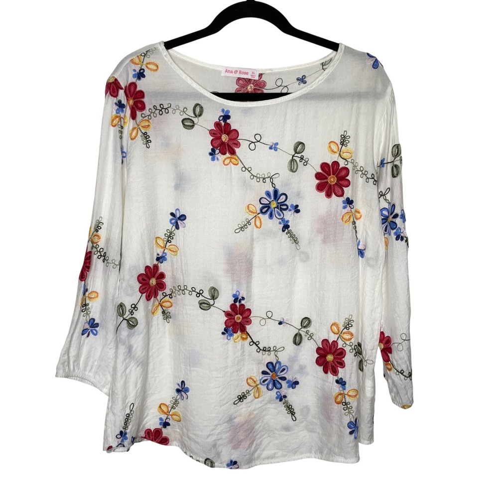 Ana & Rose Blouse Womens XL White Floral Embroidered Boho Peasant Top